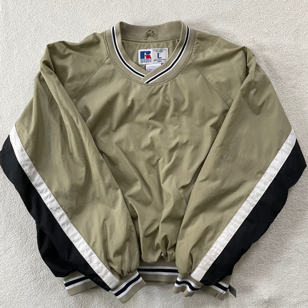 Vintage Russell Athletic Windbreaker Men Large Tan Black V-Neck Pullover Jacket